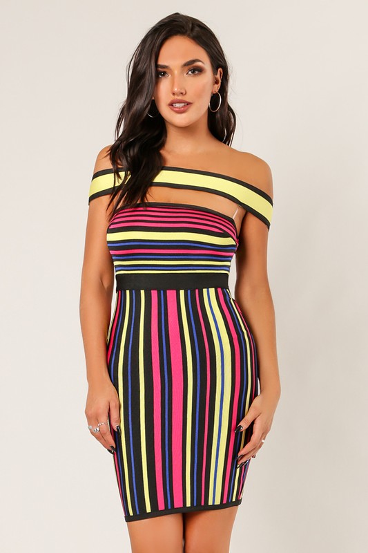 Off Shoulder Multi Color Bandage Dress